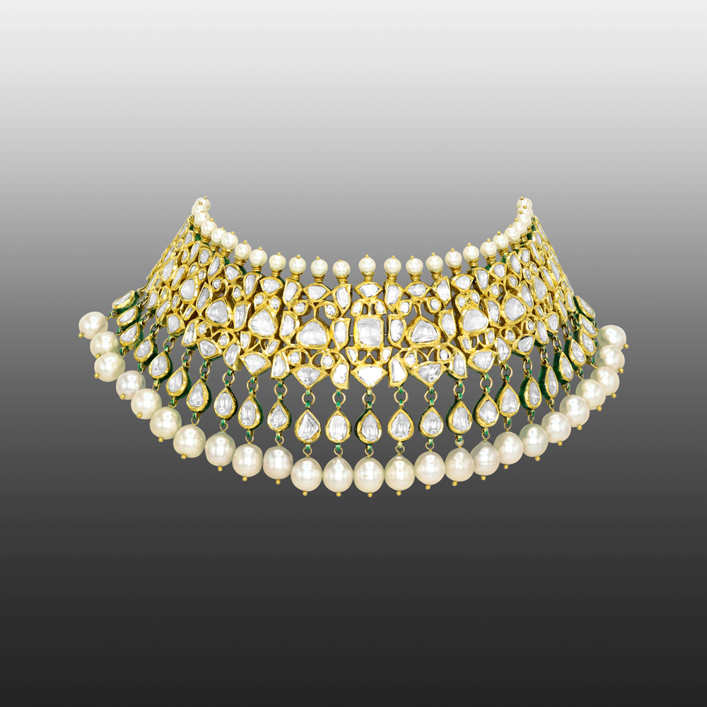 Gold Polki Choker with Pearls and Cascading Drops